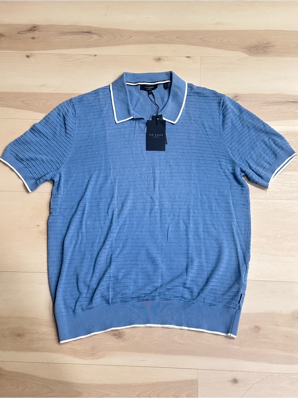 TED BAKER LONDON Durdle Textured Striped Knit Polo Shirt In Blue Sz 6 Casual - Picture 3 of 11